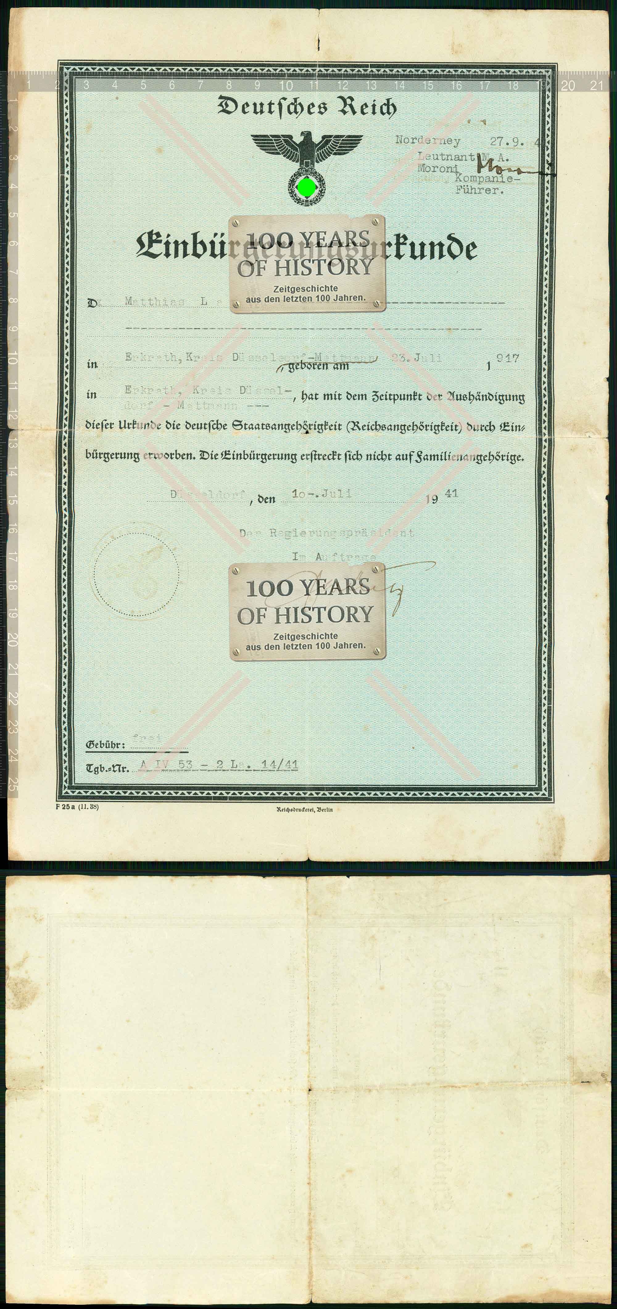 Orig. Einbürgerungsurkunde Holland Deutschland 1941 Norderney Nordsee GW2019-01-28-504