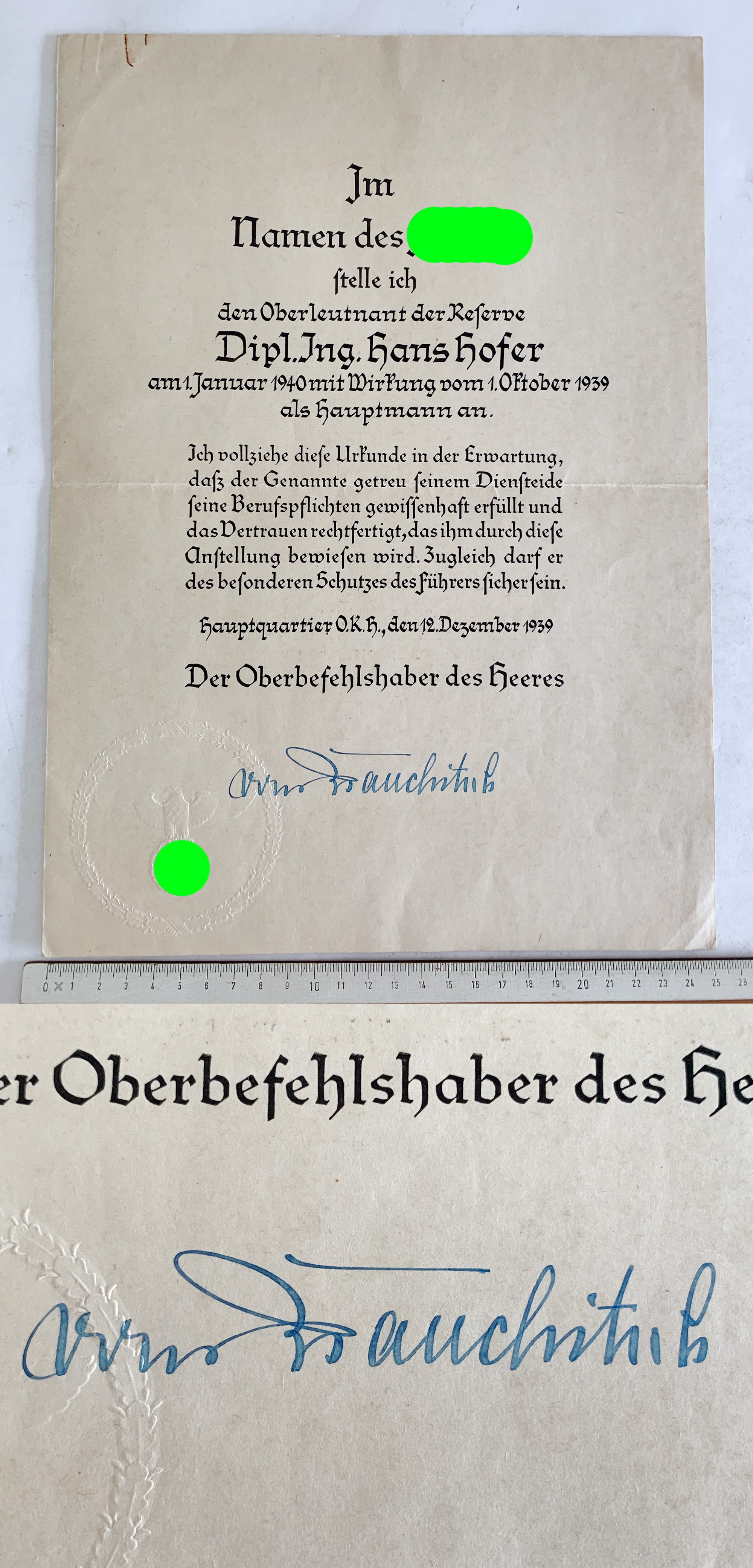 Orig. Urkunde Beförderung zum Hauptmann 1940 Unterschrift von Brauchitsch Original ? oder Druck ? GW2019-05-24-220